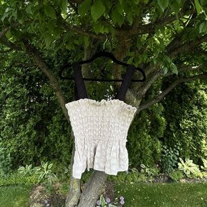 Textured Cream Smocked Peplum Top with Wide Straps